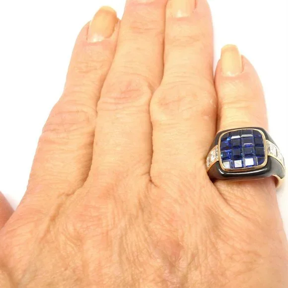 Piaget 18k Yellow Gold Diamond Invisible Set Sapphire Enamel Ring - Picture 8 of 9